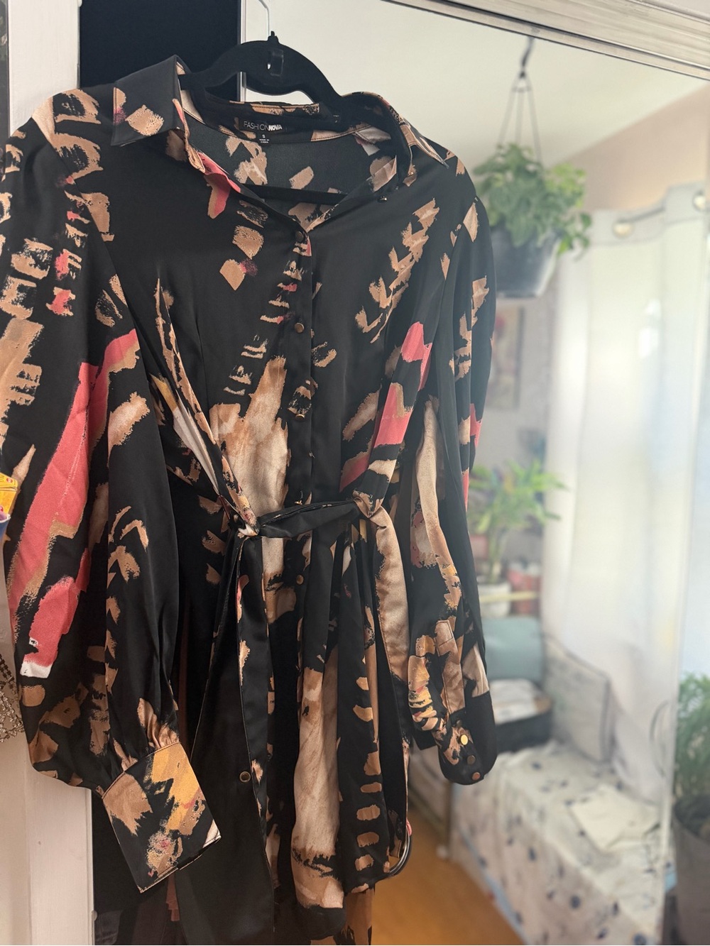 Fashion Nova Black Satin Printed dress with Tan & Coral Accents